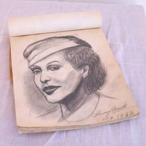 Teckning av okänd kvinna, troligen ur någon tidning. 1938.